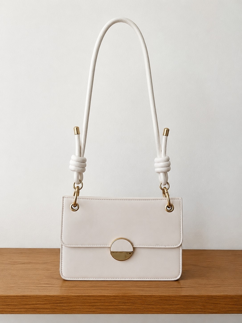 Off White Shoulder Bag with Gold-Tone Hardware & Detachable Crossbody Strap